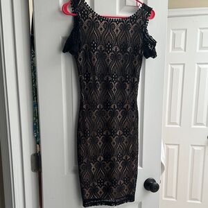 Black Lace Overlay Sheath Dress - Women's